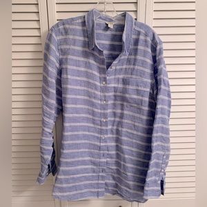 L.L. Bean Linen Blue And White Striped Button Up Shirt